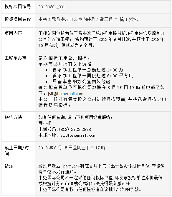 中免国际香港总办公室内装及改造工程 – 施工招标公告