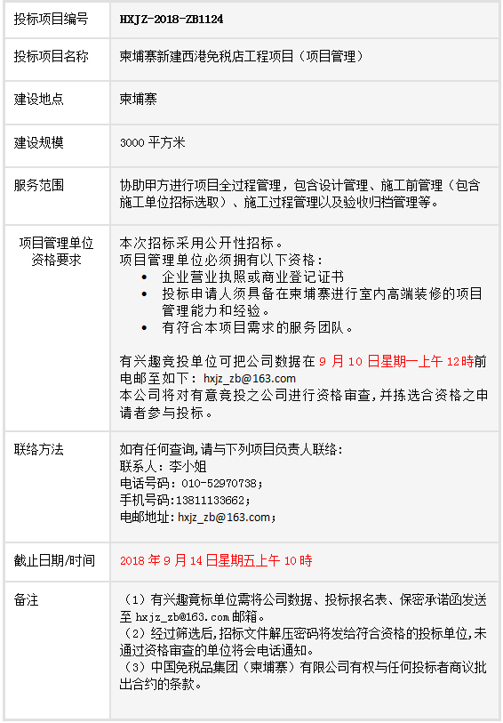 柬埔寨新建西港免税店工程项目项目管理-招标公告